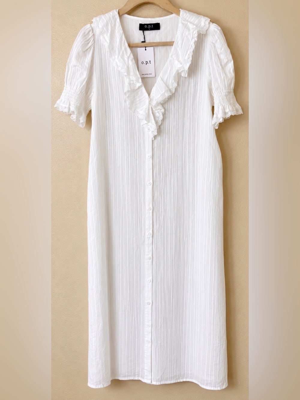o.p.t. White Cotton Ruffle Button Front Midi Dress Size M NWT(missing belt)